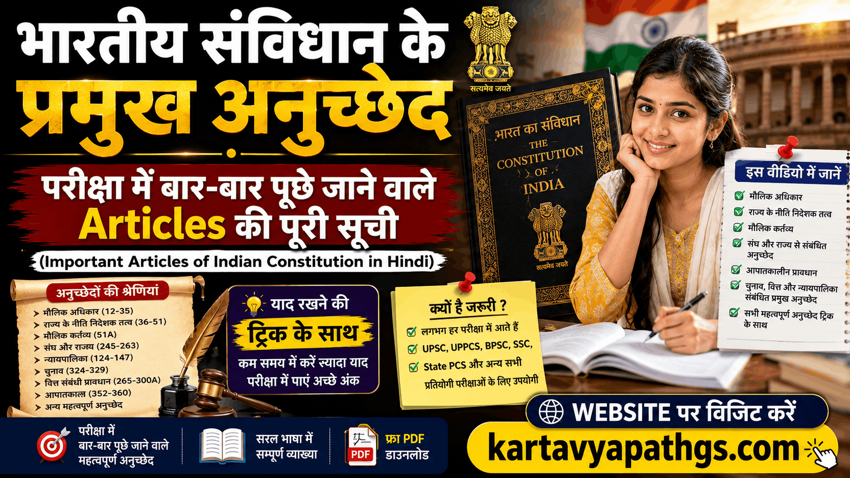 प्रतियोगी परीक्षाओं (UPSC, SSC, Railway) में बार-बार पूछे जाने वाले भारतीय संविधान के प्रमुख अनुच्छेदों (Important Articles) की सूची, याद करने की ट्रिक्स और FAQ जानें।